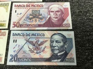 1995 Banco De Mexico Pesos Matching Serial No.  A0004063 All 5 Notes 20 - 500 Pesos 3