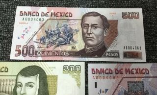1995 Banco De Mexico Pesos Matching Serial No.  A0004063 All 5 Notes 20 - 500 Pesos 4
