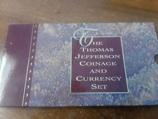 1993 Thomas Jefferson Coinage And Currency Set.  Silver And 2 Dollar Bill Crisp.