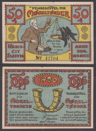 Denmark 50 Pfennig 1920 (xf) Crisp Mogel - Tondern Notgeld Banknote