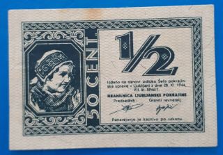 Yugoslavia,  Slovenia,  Province Of Ljubljana - City Money,  1/2 Lire 1944,  Wwii,  Xf