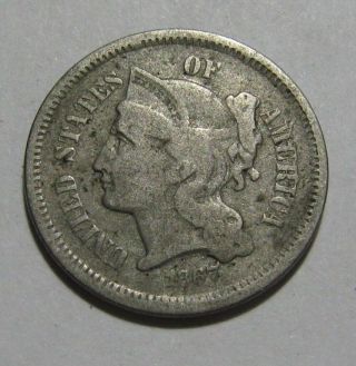1867 Three Cent Nickel - Fine To Very Fine / Rev Die Break - 158sa
