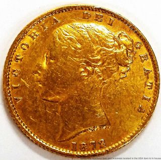 1872 Gold Young Queen Victoria Regina Head English British Sovereign Coin