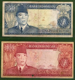 Indonesia P 86 - 87 1960 50,  100 Rupiah Vf 2 Differ