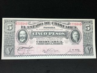 1915 Mexico El Estado De Chihuahua Cinco Pesos $5 (s532b) Xf (j723)