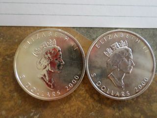 2 - 2000 Canada 1 Oz Silver Maple Leaf Incuse $5 Coins