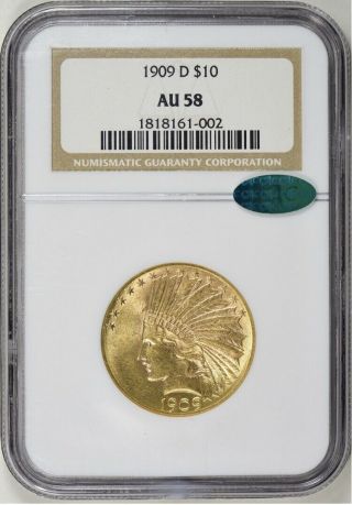 Cac 1909 - D $10 Indian Gold Eagle Au - 58 Ngc Denver.  Ebucks (. 4836oz) Near 1/2