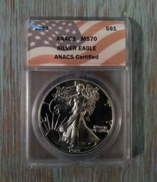 1989 $1 American Silver Eagle Anacs Ms70 Flag Label