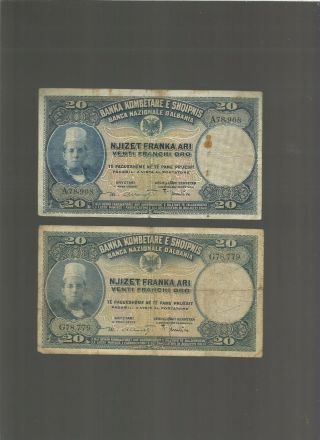 Albania Paper Money,  2 X Njizet Franka Ari.  Years 1926 - 1944,  Made In Italy.