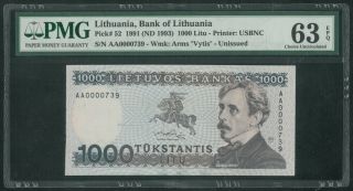Lithuania 1000 Litu (1991) Unc Banknote Litas Series Aa Unissued Pmg Ms - 63