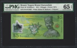 2011 Brunei $5 Ringgit Pmg 65 Epq Gem Unc,  P - 36,  1st Of 2 Consecutive Examples