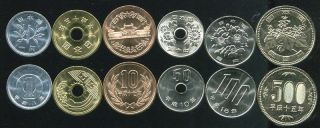 Japan Set 6 Coins 1 5 10 50 100 500 Yen Random Year Unc