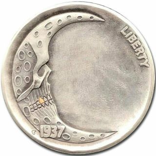 Hobo Nickel Coin 1937 Buffalo Moon Skull Gold 24k Hand Engraved Gediminas Palsis