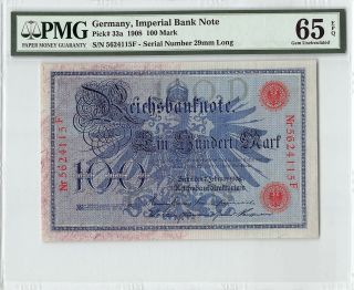 Germany,  Reichsbanknote 1908 P - 33a Pmg Gem Unc 65 Epq 100 Mark