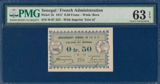 French Senegal 0.  5 Franc 1917 P1b Pmg 63 Epq Choice Unc Billet De Banque L 