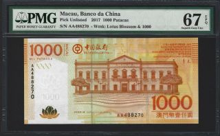 2017 Macau 1000 Patacas Banco Da China,  Pmg 67 Epq Gem Unc Date