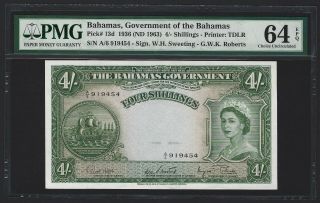 1963 Bahamas 4 Shillings,  Pmg 64 Epq,  P - 13d Roberts Sig,  Qeii Type