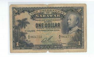 Sarawak Malaysia Malaya One Dollar P - 14 1929 Paper Money