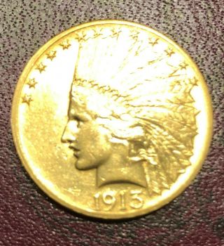 1913 $10 Ten Dollar Indian Head Gold Eagle Coin.  Very