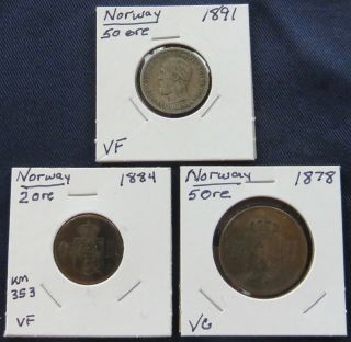3 19th Century Norway Bronze & Silver Coins:1878 5 Ore,  1884 2 Ore,  1891 50 Ore