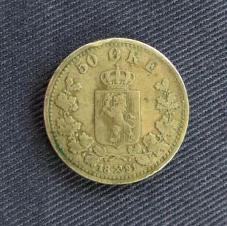 3 19th Century Norway Bronze & Silver Coins:1878 5 Ore,  1884 2 Ore,  1891 50 Ore 4