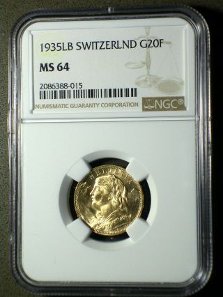 Switzerland 1935 Gold 20 Francs Ngc Ms - 64 Sharp Bright Lustrous Looks Better