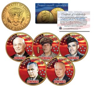 5 - Star Generals U.  S.  Army Colorized Jfk Half Dollars 5 - Coin Set 24k Gold Plated