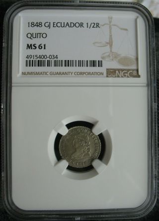 1848 Gj Ecuador Silver 1/2 Real Ngc Ms - 61