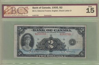 1935 Bank Of Canada 2 Dollar Note - English - Bcs Graded Fine - 15