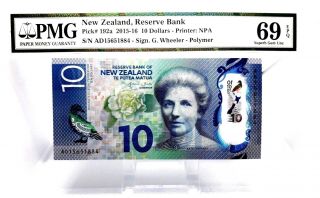 Money Zealand 10 Dollars 2015 Reserve Bank Pmg Gem Unc Pick 192a