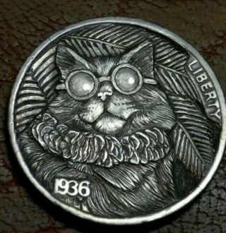 Hand Carved Hobo Buffalo Indian Nickel Cat Kitten Coin Howard Thomas