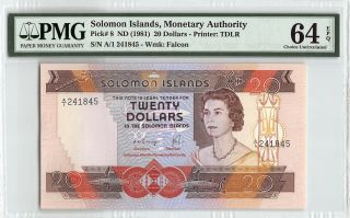 Solomon Islands Nd (1981) P - 8 Pmg Choice Unc 64 Epq 20 Dollars