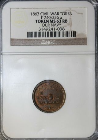 1863 Monitor Our Navy Civil War Patriotic Token Ngc Ms - 63 Rb F - 240/337a Read