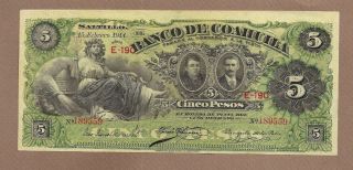 Mexico: 5 Pesos Banknote,  (au/unc),  P - S195c,  15.  02.  1914,
