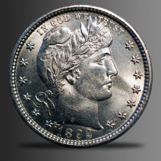 1892 - O Barber Silver Quarter,  Very Gem Bu