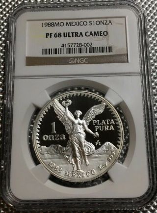 1988 Mo Mexico Silver Libertad Ngc Pf68 1 Onza Proof Mexican Bullion Coin.  999