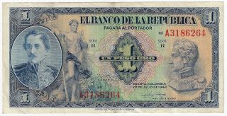 Banco De La República Colombia 1 Peso Oro 20.  7.  1946 Issue Pick 380e Banknote