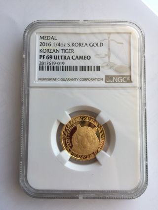 2016 South Korea 1/4 Oz Gold Korean Tiger Bu Medal Ngc Pf69 Box & - Komsco