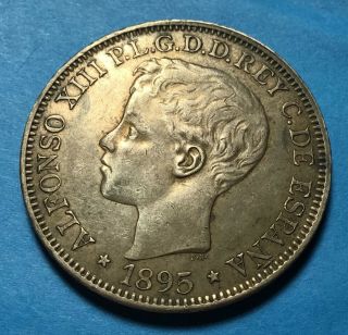 1895 Puerto Rico Silver 1 Peso - 5 Pesetas Alfonso Xiii Xf 24.  73 Grams