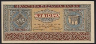 1943 Croatia 5000 Kuna Wwii Ndh Money Banknote German Nazi Occupation P 13 Aunc
