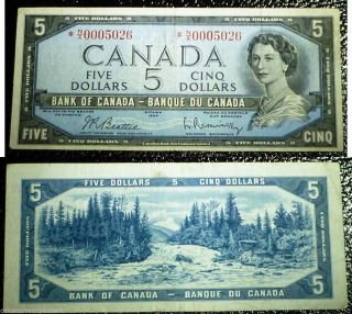 Asterisk Replacement N/x $5 - 1954 Bank Of Canada Vf,  Low Serial Number