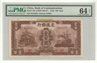 China Bank Of Communications 100 Yuan 1942 Pmg Choice Unc 64