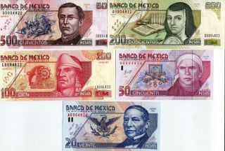 Mexico Set 5 Unc 20 50 100 200 500 P 2000 P 111 112 113 114 115 75 Comm.  Folder