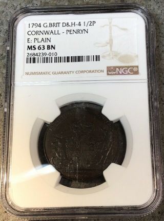 1794 G.  B.  D&h 4 1/2 P.  Ms 63 Bn Cornwall - Penryn.  Graded Ngc D