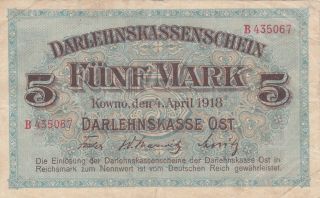 5 Mark Very Fine Banknote From German Occupied Lithuania 1918 Pick - R130