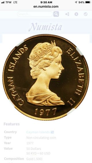 Cayman Islands 1977 Gold $50 Proof Queen Elizabeth I,  1558 - 1603 4