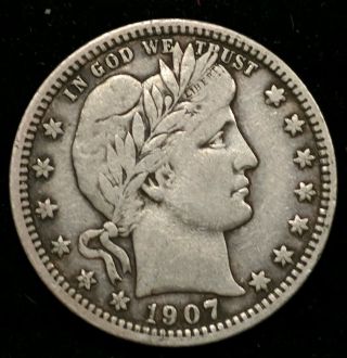1907 D Barber Quarter 25c Solid Coin.