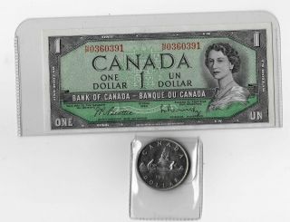 1 Canadian 1954 Silver Dollar Cir 1 Canadian 1954 1 Dollar Bill Uncirculated