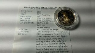 1998 - W American Gold Eagle Proof (1/4 Oz) $10 In Ogp