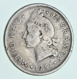 World Coin - 1937 Dominican Republic 1/2 Peso - World Silver Coin 12.  4g 954